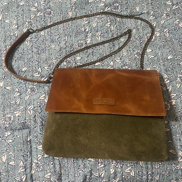 Jane and Marie Handbags - Two-Tone Brown Leather & Olive Suede Crossbody Bag